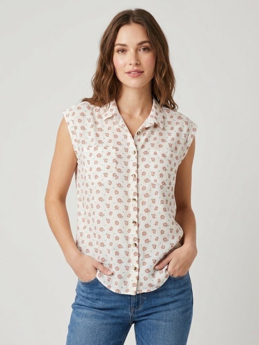 Jachs Girlfriend Womens L White Rust Floral Sleeveless Button Up Blouse Boho